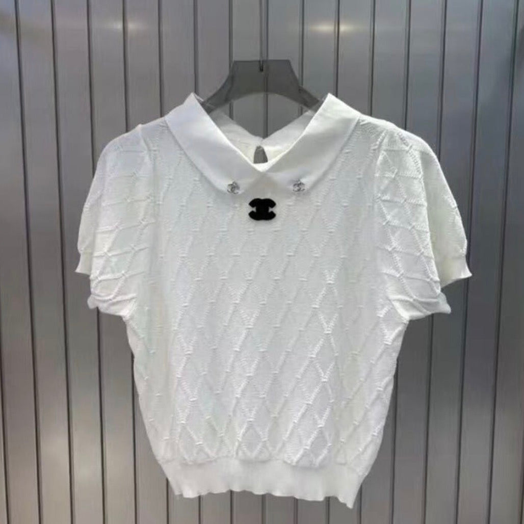 CC Diamond Collar Short Sleeve Knit Top