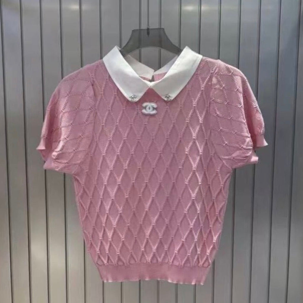 CC Diamond Collar Short Sleeve Knit Top