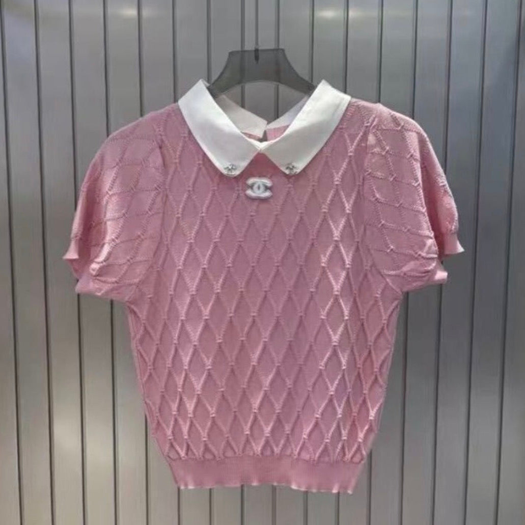 CC Diamond Collar Short Sleeve Knit Top