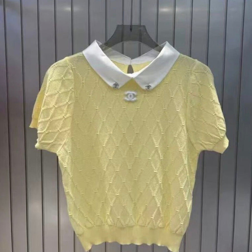 CC Diamond Collar Short Sleeve Knit Top