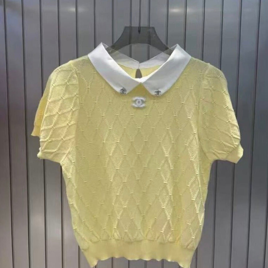 CC Diamond Collar Short Sleeve Knit Top